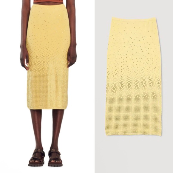 NWT Sandro Rhinestone Embellished Midi Knit Stretchy Back Slit Skirt in Yellow - Picture 2 of 12
